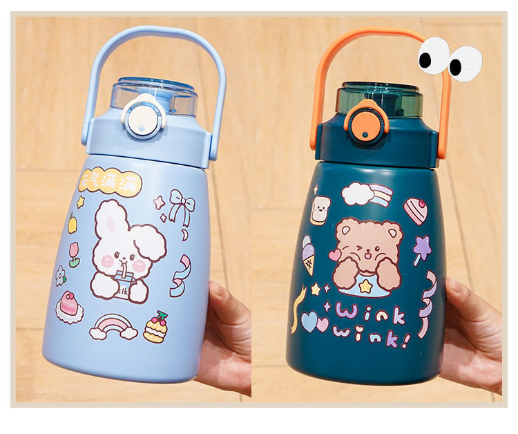 Stainless Steel Insulated Water Bottle,Big Belly Kawaii Leaf Proof 900ml Cute Trave Cup with Straw and Shoulder Strap,Vacuum Thermos Jug