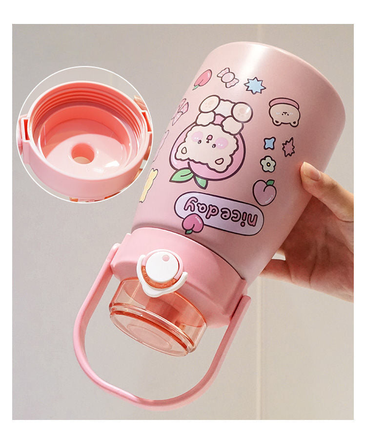 Stainless Steel Insulated Water Bottle,Big Belly Kawaii Leaf Proof 900ml Cute Trave Cup with Straw and Shoulder Strap,Vacuum Thermos Jug