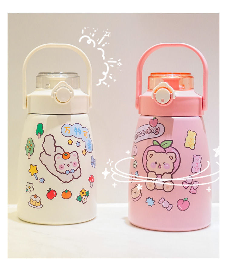 Stainless Steel Insulated Water Bottle,Big Belly Kawaii Leaf Proof 900ml Cute Trave Cup with Straw and Shoulder Strap,Vacuum Thermos Jug