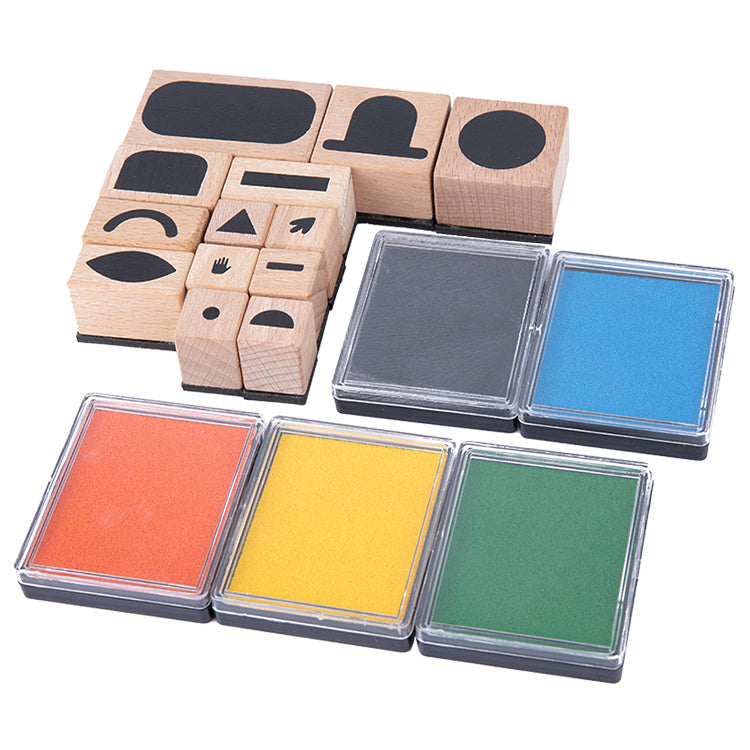 Colored Wooden Magic Stamps Set DIY Wood Stamp Ink Pads Toy for Children Hand-Brain Paint Pad Game Coordinating DIY Drawing Toy Set