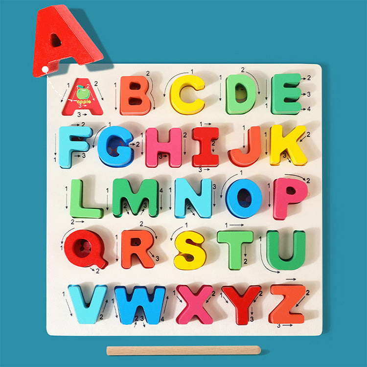 Alphabet-Puzzle aus Holz, Großbuchstaben, pädagogisches Lernblock-Brett, Spielzeug für Kinder ab 3 Jahren, Jungen und Mädchen, Kleinkinder im Vorschulalter