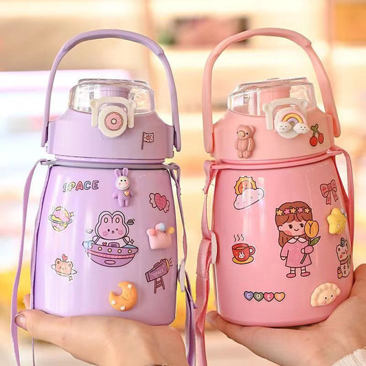 Stainless Steel Insulated Water Bottle,Big Belly Kawaii Leaf Proof 900ml Cute Trave Cup with Straw and Shoulder Strap,Vacuum Thermos Jug