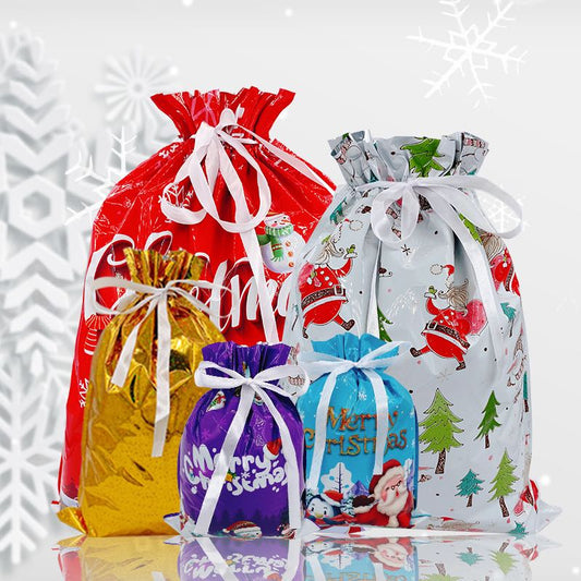 18 Stück Weihnachtsgeschenktüten Weihnachtsverpackungstüten mit 8 Designs und 5 Größen Weihnachtsgeschenktüten mit Kordelzug für Weihnachtsgeschenke
