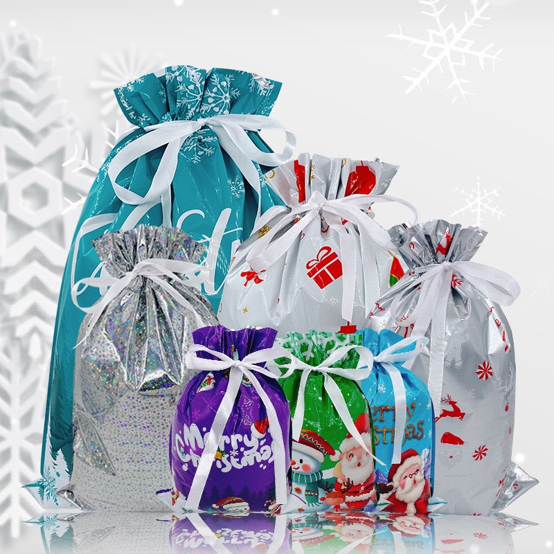 18 Pcs Christmas Gift Bags Christmas Wrapping Bags with 8 Designs & 5 Sizes Drawstring Christmas Gift Bags for Xmas Party Presents