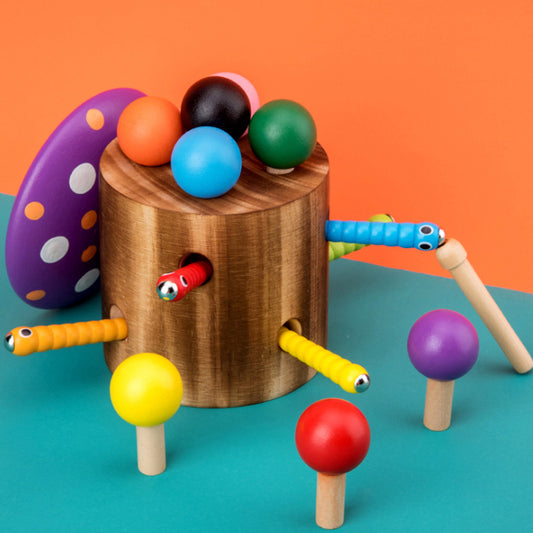 Colorful Natural Wooden Mushroom Shape Toy With Magnetism Worm Catching Game Mushroom Matching Shape Sorting Game Toys for Preschool Kids Infants Toddlers