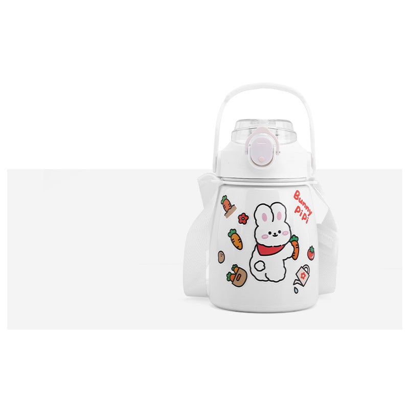 Stainless Steel Insulated Water Bottle,Big Belly Kawaii Leaf Proof 900ml Cute Trave Cup with Straw and Shoulder Strap,Vacuum Thermos Jug