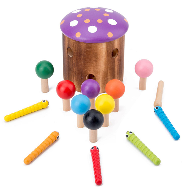 Colorful Natural Wooden Mushroom Shape Toy With Magnetism Worm Catching Game Mushroom Matching Shape Sorting Game Toys for Preschool Kids Infants Toddlers