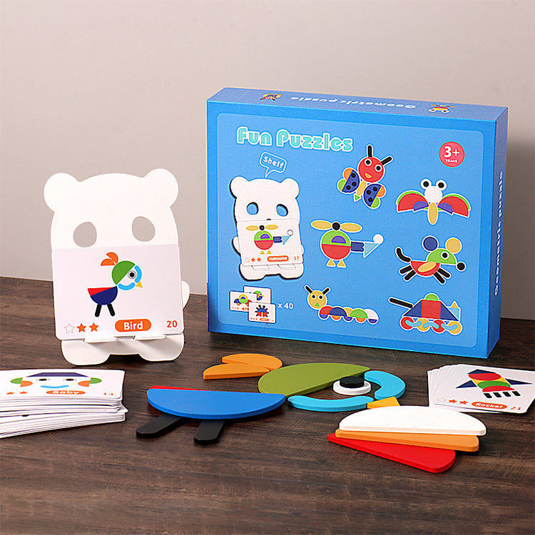 Holzmuster Blocktiere Puzzle Sortier- und Stapelspiele Montessori Lernspielzeug für Kleinkinder Kinder Jungen Mädchen ab 3 Jahren (36 Formteile &amp; 60 Designkarten in Eisenbox)