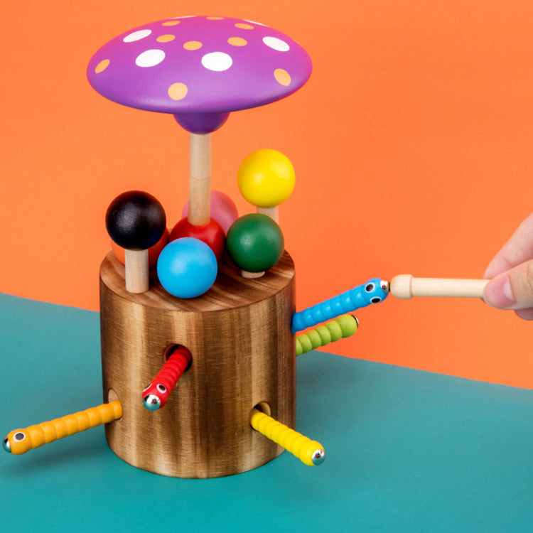 Colorful Natural Wooden Mushroom Shape Toy With Magnetism Worm Catching Game Mushroom Matching Shape Sorting Game Toys for Preschool Kids Infants Toddlers