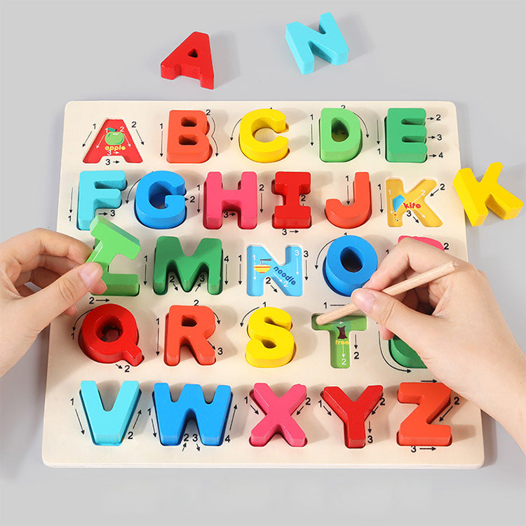 Alphabet-Puzzle aus Holz, Großbuchstaben, pädagogisches Lernblock-Brett, Spielzeug für Kinder ab 3 Jahren, Jungen und Mädchen, Kleinkinder im Vorschulalter