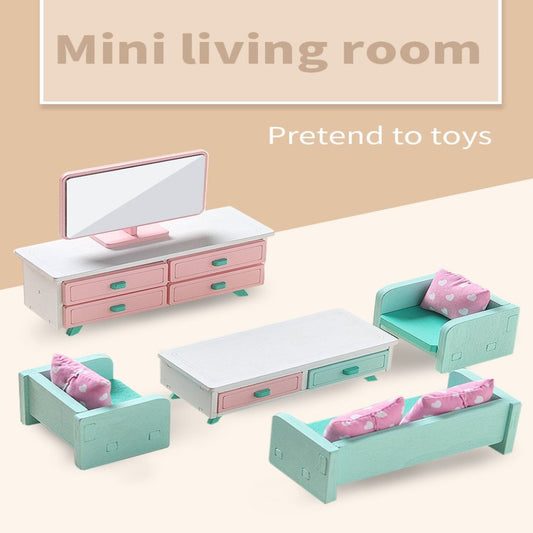 Colorful Wooden Doll House Furniture, Wood Miniature Bathroom/ Living Room/ Bedroom/ Kitchen House Furniture Dollhouse Doll Decoration Accessories Pretend Play Kids Toy