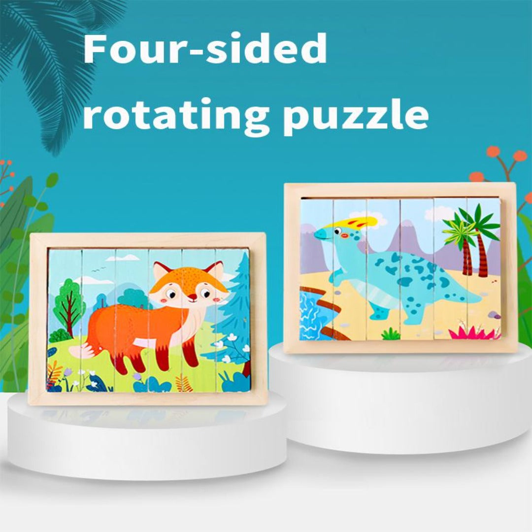 Toddlers Amazing Four-Sided Rotating Puzzle Wooden Animal Puzzle Board With Flash Card Educational Toy For Boys and Girls 2-5 Years Old