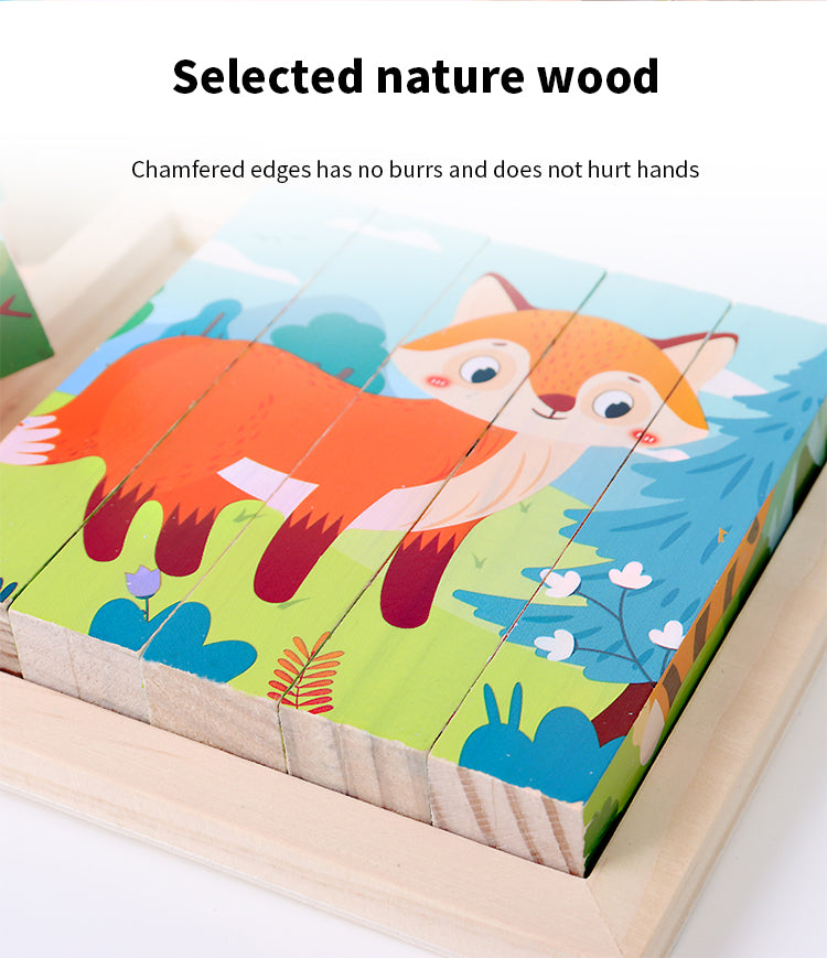 Toddlers Amazing Four-Sided Rotating Puzzle Wooden Animal Puzzle Board With Flash Card Educational Toy For Boys and Girls 2-5 Years Old