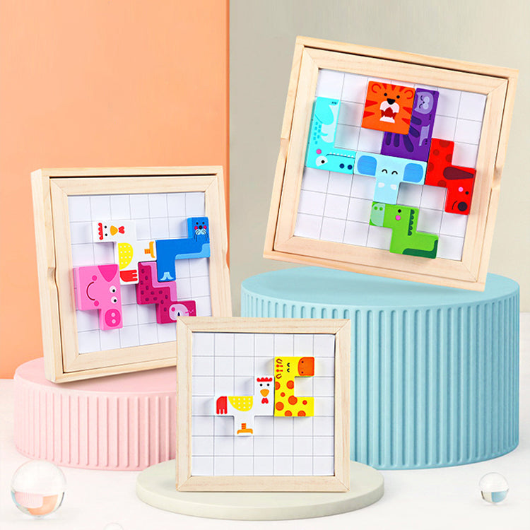 Animal Cube Puzzle Wooden Puzzle Brain Teasers Toy Building Blocks Game Wood Puzzles Intelligence Educational Toys for Preschool Children Kids