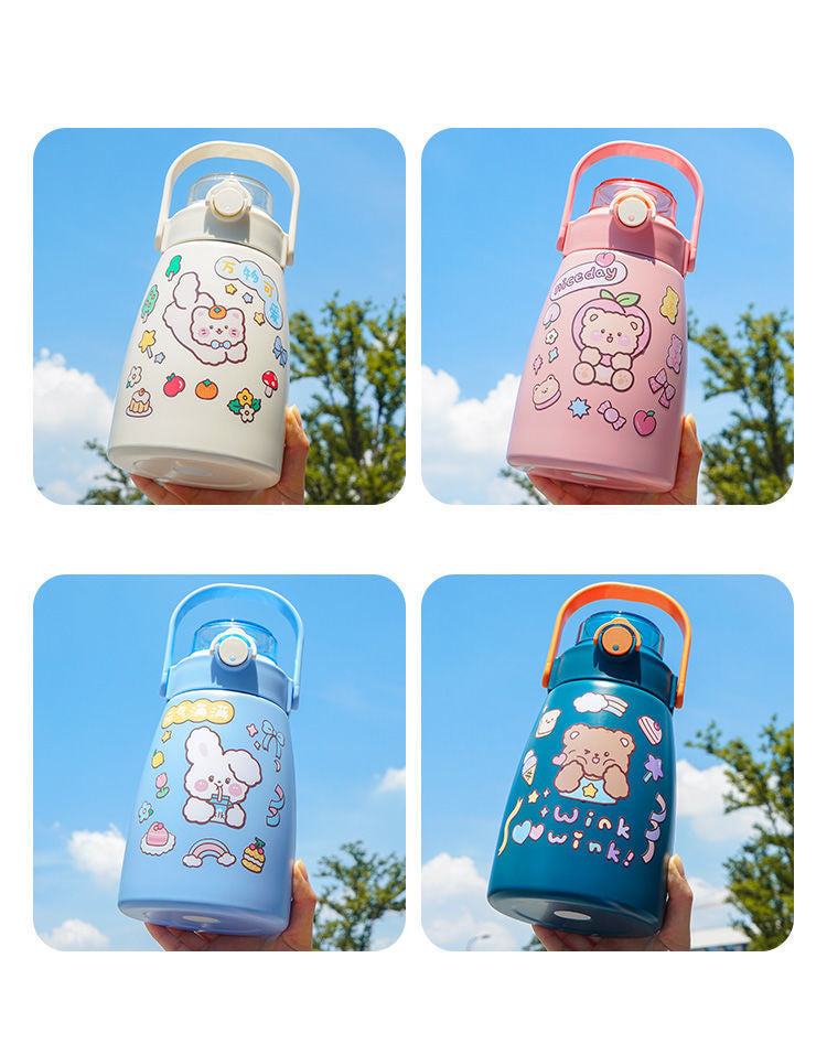 Stainless Steel Insulated Water Bottle,Big Belly Kawaii Leaf Proof 900ml Cute Trave Cup with Straw and Shoulder Strap,Vacuum Thermos Jug